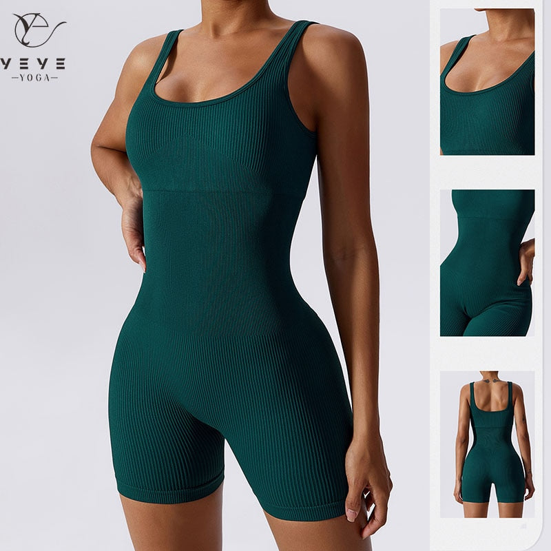 Women's Yoga Rompers One Piece Tummy Control Seamless Ribbed Jumpsuit Padded Sports Bra Romper Fashion Fitness Sportwear - Bonnie Lassio