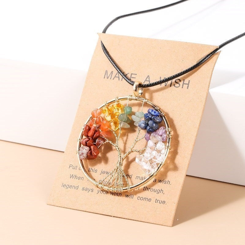 Change Better 7 Chakras Tree Of Life Pendant Necklace Gold Color Natural Crystal Chip - Bonnie Lassio