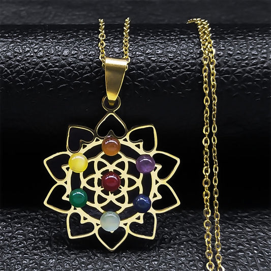 Sacred Geometry 7 Chakra Metatron Heart Necklace Flower of Life Stainless Steel Opal Stone Necklace Reiki Healing Jewelry N1120S - Bonnie Lassio