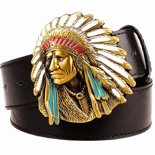 Fashion Native American Indian Chief Metal BuckleLeather Belt - Bonnie Lassio