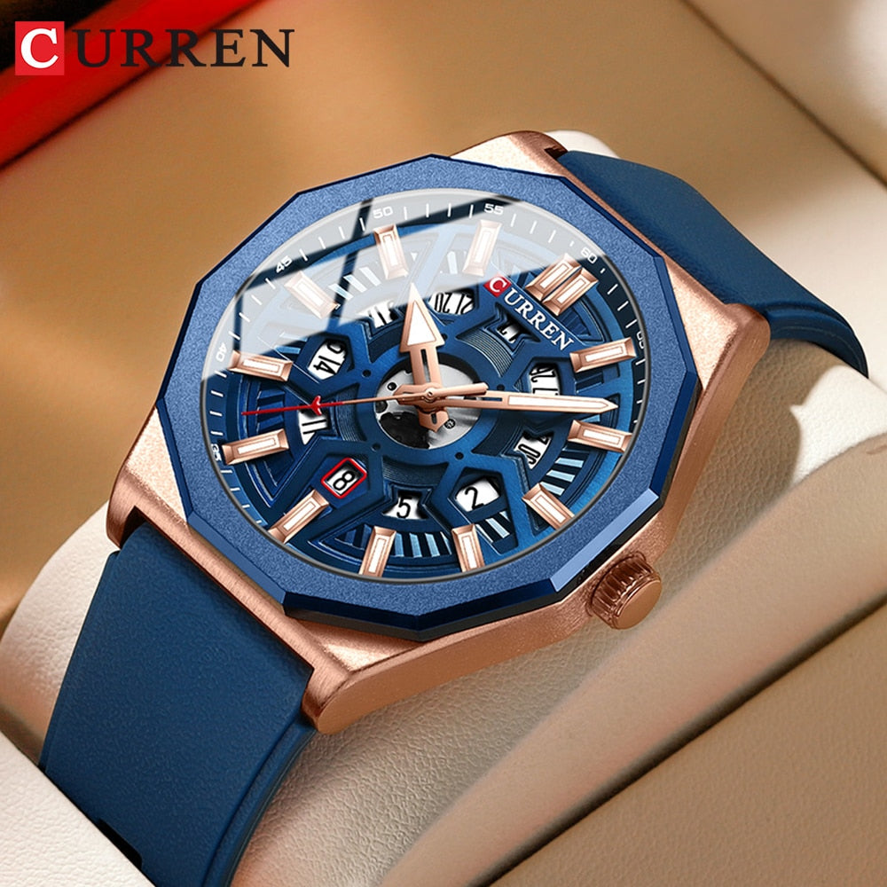 CURREN Fashion Creative Design Watches Men Quartz Silicone Strap Date Wristwatches for Male Clock with Luminous Hands - Bonnie Lassio