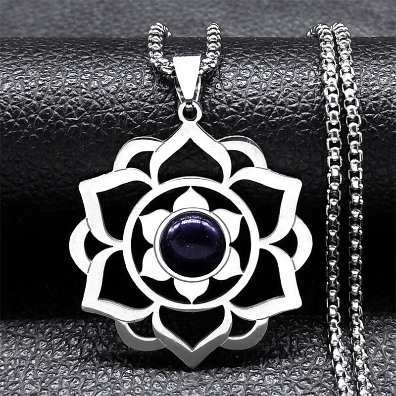 Lotus Healing Chakra Necklace Stainless Steel Buddhist Symbol Sweet Flower of Life - Bonnie Lassio