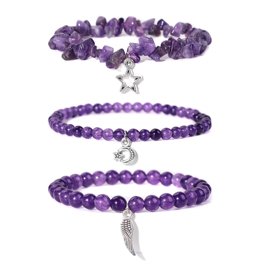 3Pcs set Natural Amethysts Stone Beads Bracelet Star Moon Meditation - Bonnie Lassio