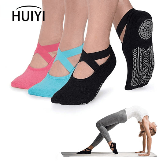 Yoga Socks for Women Non-Slip Grips & Straps, Bandage Cotton Sock, Ideal for Pilates Pure Barre Ballet Dance Barefoot Workout - Bonnie Lassio