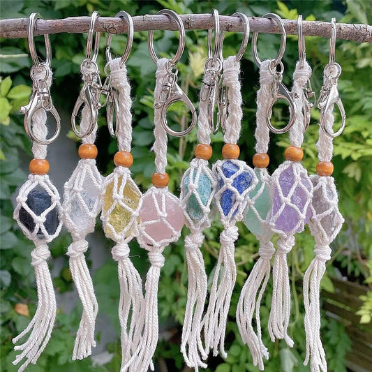 DIY Raw Crystal Keychain Cord Empty Meditation Stone Holder, Fluorite Crystal on the Go, Boho Style Bag Accessory keyring Amulet - Bonnie Lassio