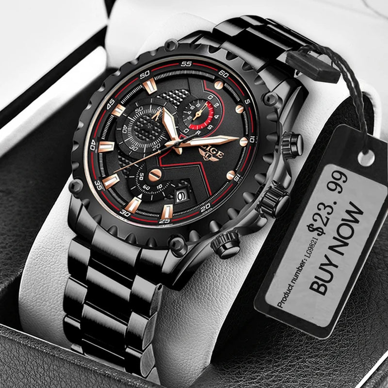 Men's Luxury Stainless Steel Quartz Watch with Military Chronograph and 30M Water Resistance