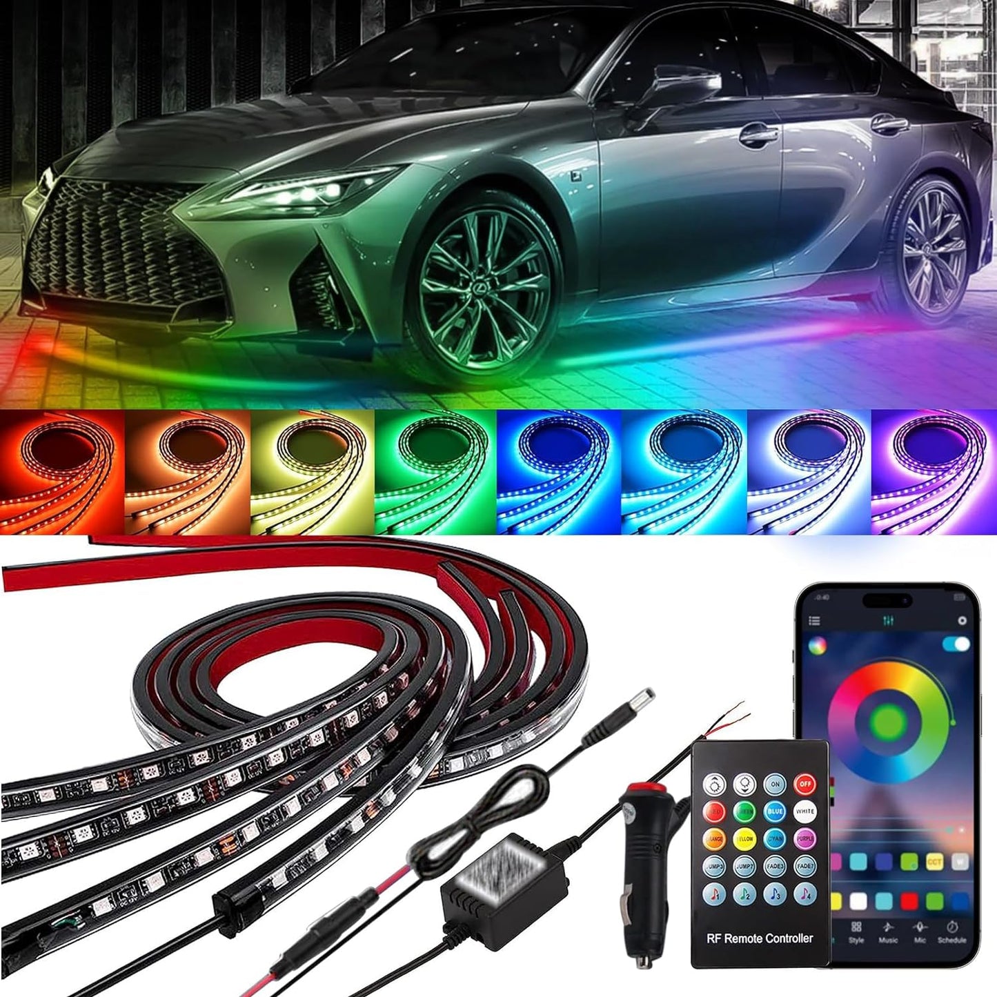 Professional title: " 4-Piece Car Underglow Kit with APP and Remote Control, Multicolor RGB Underbody Strips with Music Sync, Waterproof for Cars, Trucks, and SUVs"