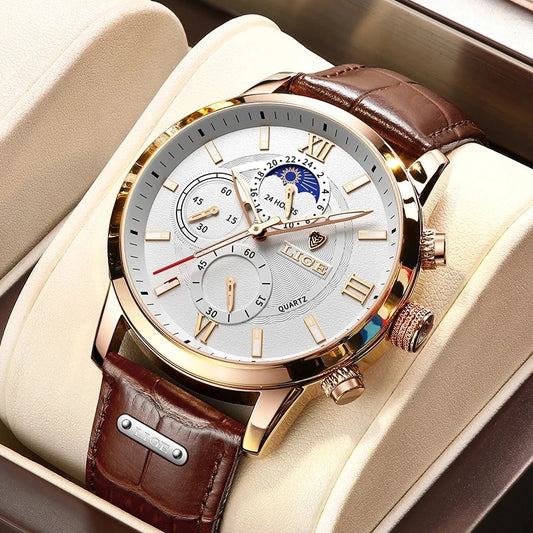 Luxury Men's Leather Quartz Watch with Waterproof Sports Design