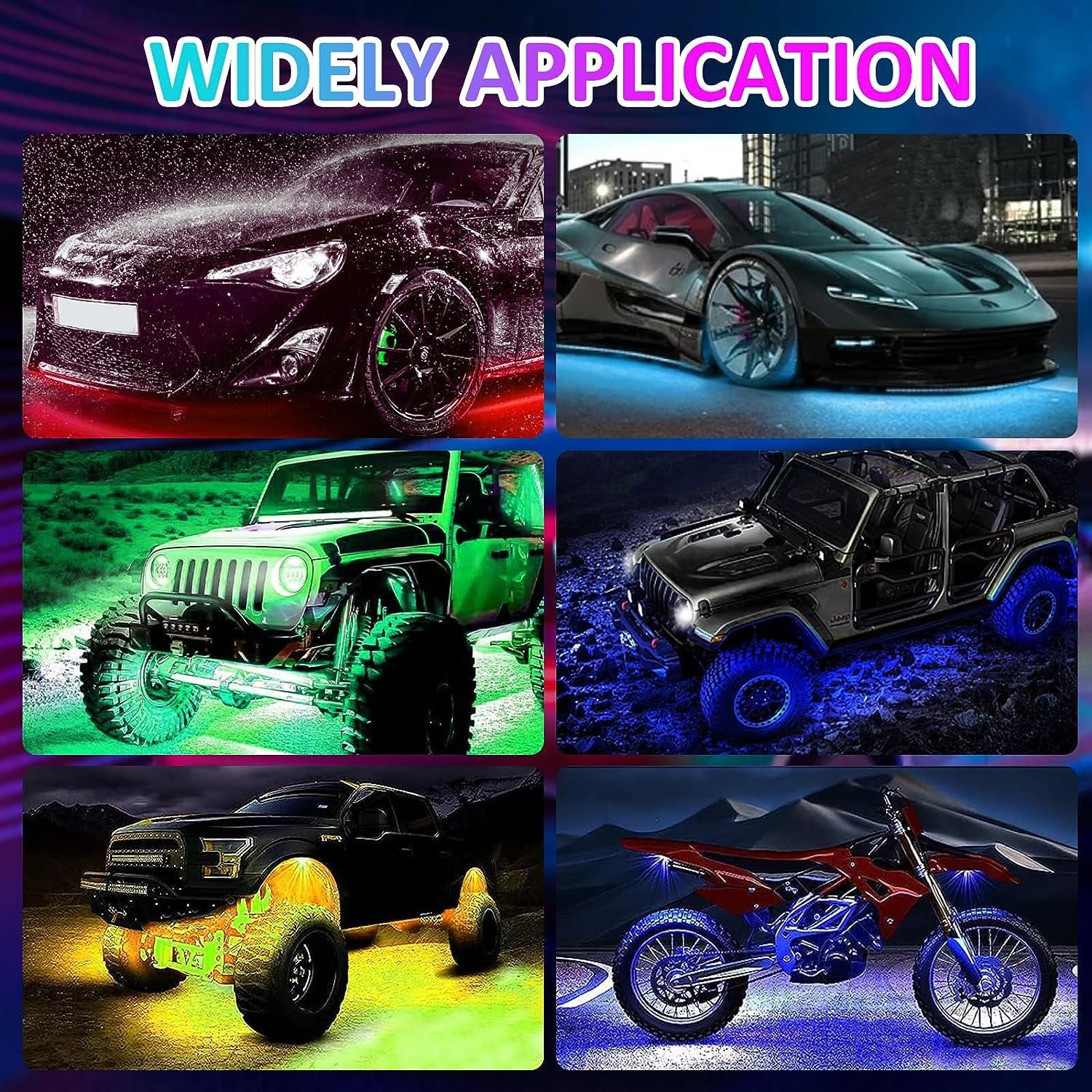 Professional title: " 4-Piece Car Underglow Kit with APP and Remote Control, Multicolor RGB Underbody Strips with Music Sync, Waterproof for Cars, Trucks, and SUVs"