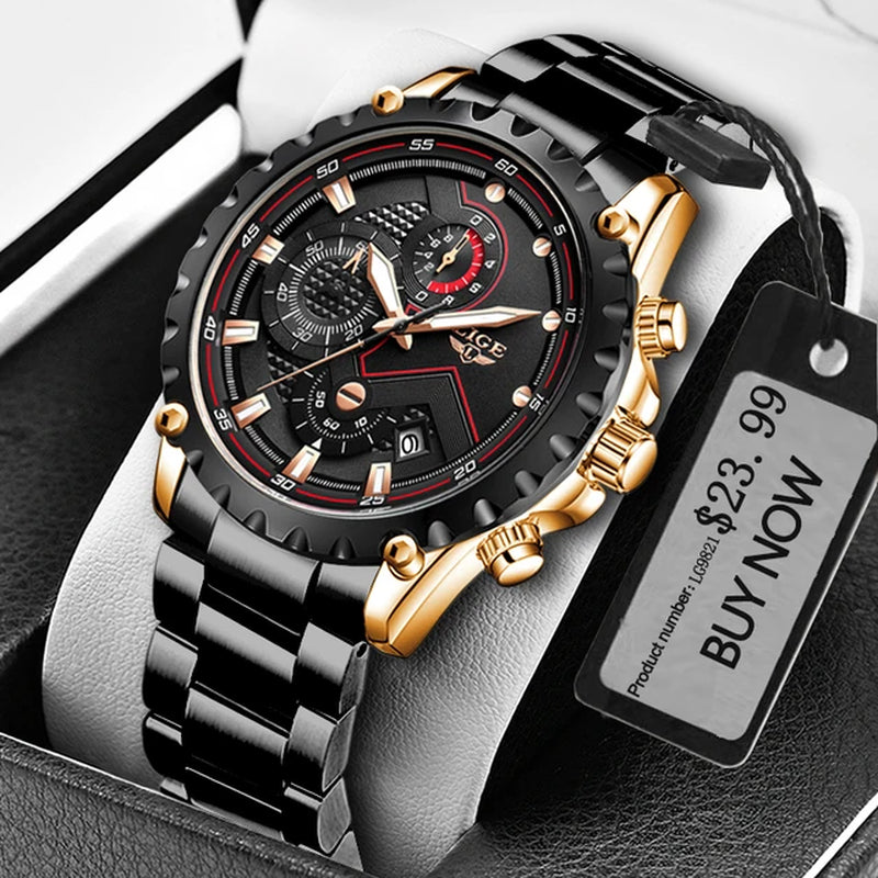 Men's Luxury Stainless Steel Quartz Watch with Military Chronograph and 30M Water Resistance