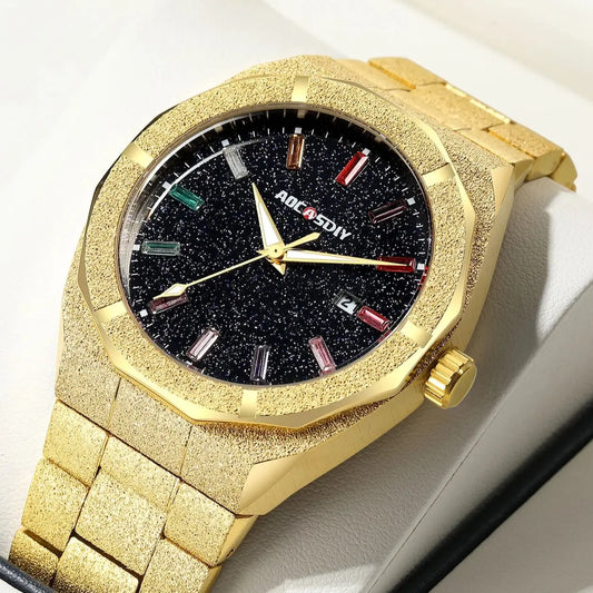 Men's Luxury Watch with Colorful Crystal, Waterproof Bling Dial, Frosted Star Dust, and Rainbow Design