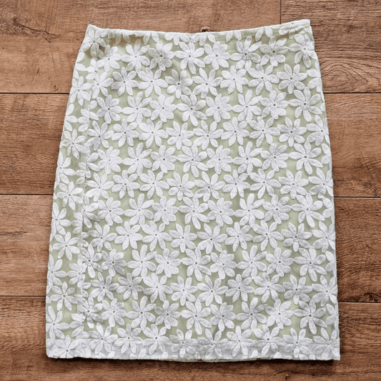 Pencil Skirt 12 White Floral See Through With Lined Inner Lime Citrus