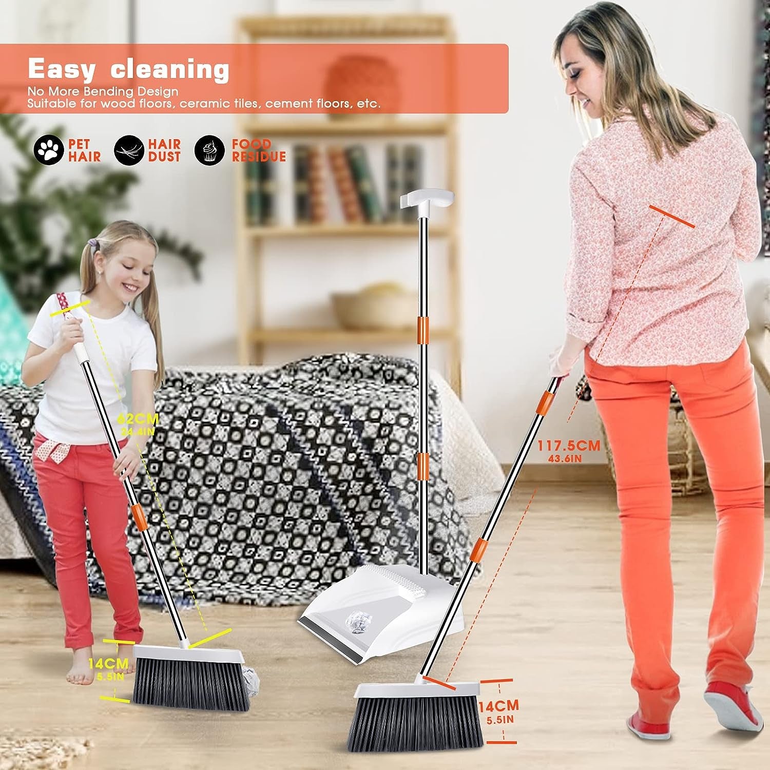 Professional title: "Adjustable Long Handled Dustpan and Brush Set with Comb Teeth and Soft Bristles - Ideal for Home, Office, Indoor, and Outdoor Use"