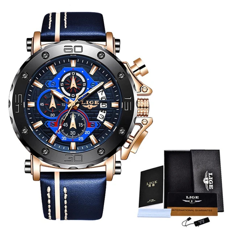 LIGE Mens Chronograph Waterproof Luxury Watch with Silicone Band and Quartz Movement