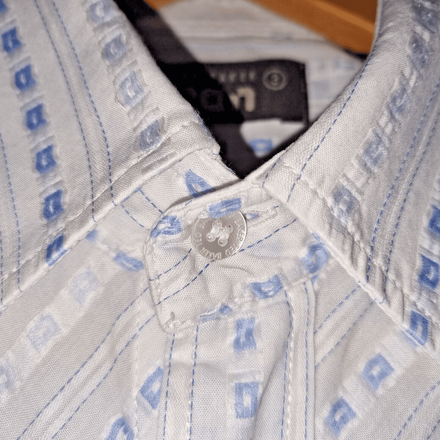 Ted Baker Jeans Shirt White Small Blue Pattern Size 3 Long Sleeves Casual Smart - Bonnie Lassio