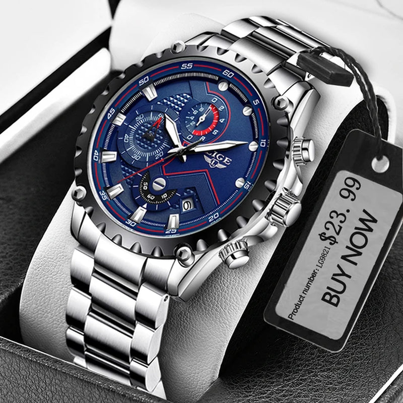 Men's Luxury Stainless Steel Quartz Watch with Military Chronograph and 30M Water Resistance