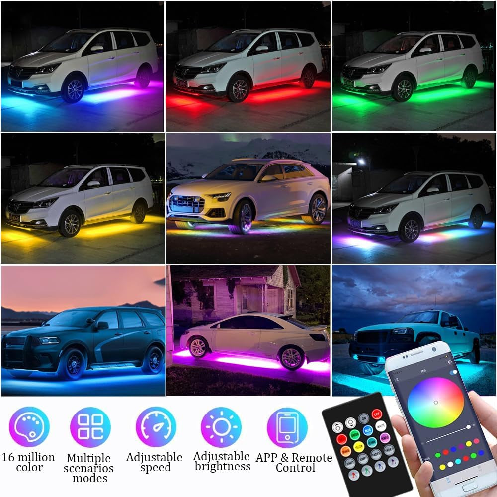 Professional title: " 4-Piece Car Underglow Kit with APP and Remote Control, Multicolor RGB Underbody Strips with Music Sync, Waterproof for Cars, Trucks, and SUVs"