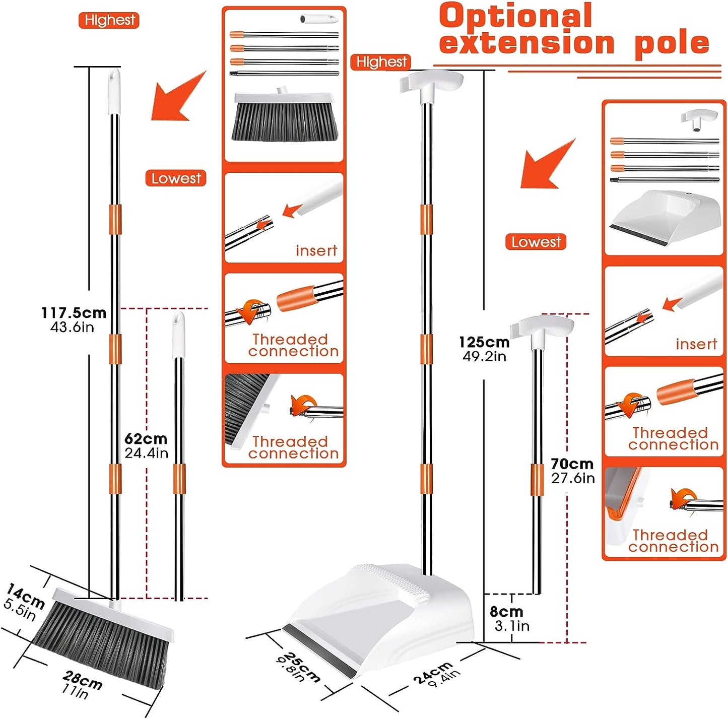 Professional title: "Adjustable Long Handled Dustpan and Brush Set with Comb Teeth and Soft Bristles - Ideal for Home, Office, Indoor, and Outdoor Use"