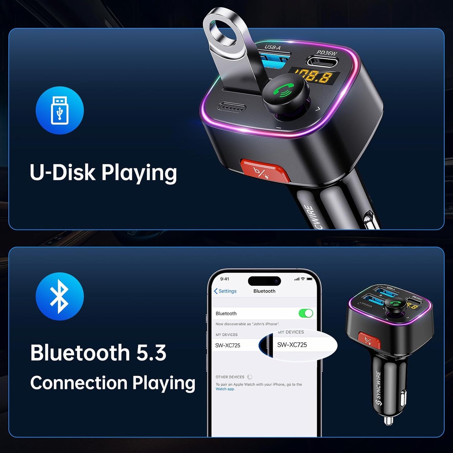 Professional title: " Bluetooth 5.3 FM Transmitter with Dual USB Ports for Car - Hands-Free Calling, Wireless Music Player, 48W Max Output, Supports up to 64G Drive - Black"