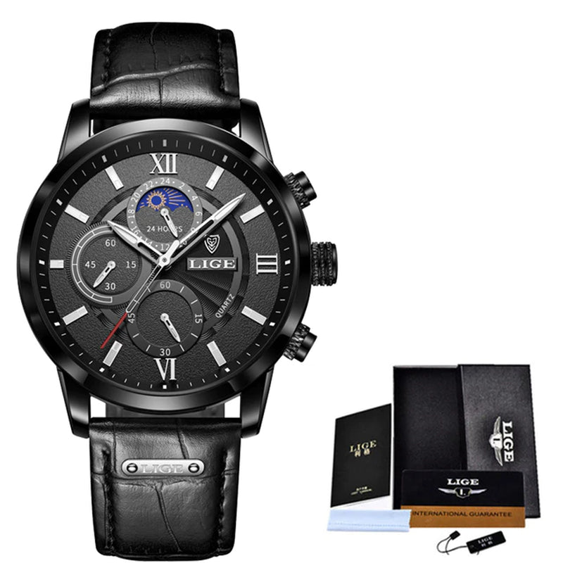 Luxury Men's Leather Quartz Watch with Waterproof Sports Design