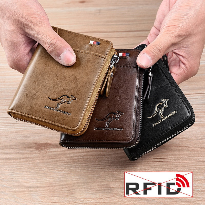 Luxury Men's Leather Business Card Holder with Zipper Purse and RFID Protection