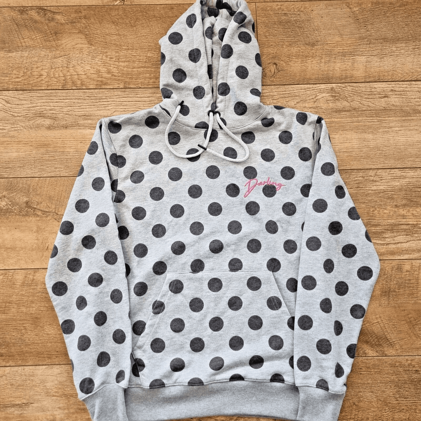 Hoodie Grey Darling Embroidery Polka Dots Front Pocket