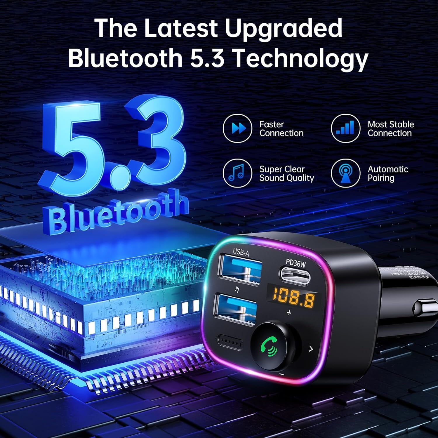 Professional title: " Bluetooth 5.3 FM Transmitter with Dual USB Ports for Car - Hands-Free Calling, Wireless Music Player, 48W Max Output, Supports up to 64G Drive - Black"