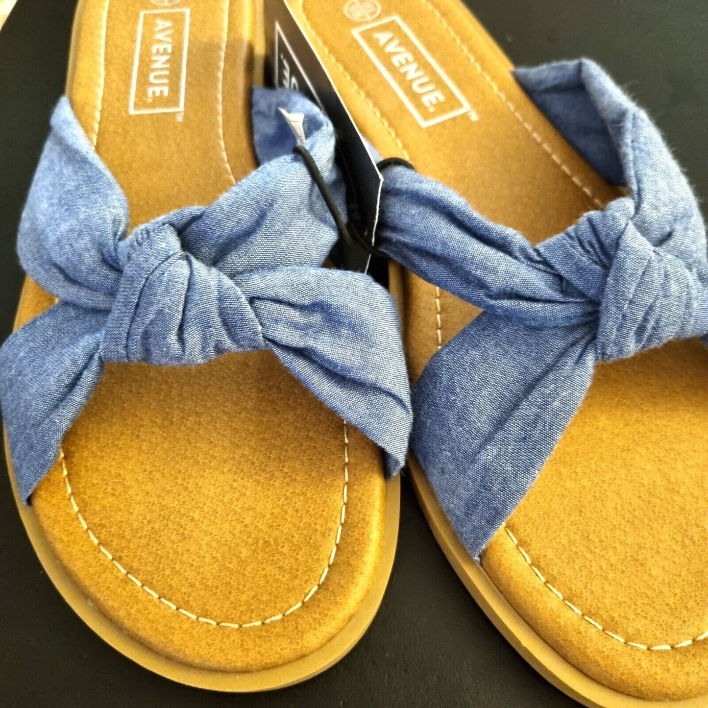 Avenue Ladies Navy Blue Bow Knot Padded Sandals Tan Sliders Size 4 and 6 Tags - Bonnie Lassio