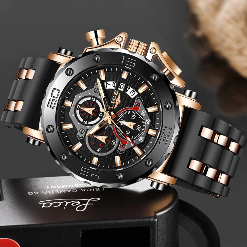 LIGE Mens Chronograph Waterproof Luxury Watch with Silicone Band and Quartz Movement