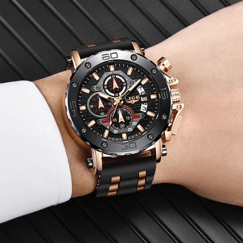 LIGE Mens Chronograph Waterproof Luxury Watch with Silicone Band and Quartz Movement