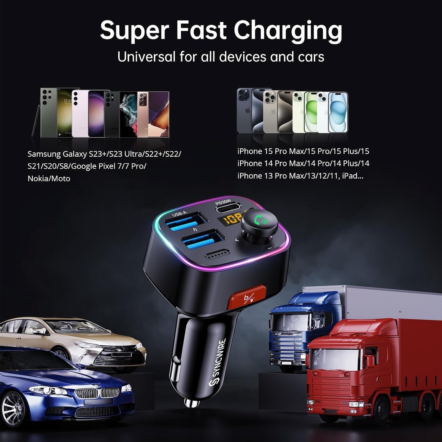 Professional title: " Bluetooth 5.3 FM Transmitter with Dual USB Ports for Car - Hands-Free Calling, Wireless Music Player, 48W Max Output, Supports up to 64G Drive - Black"