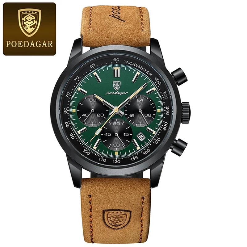 Men's Luxury Waterproof Chronograph Quartz Watch with Luminous Dial and Genuine Leather Strap