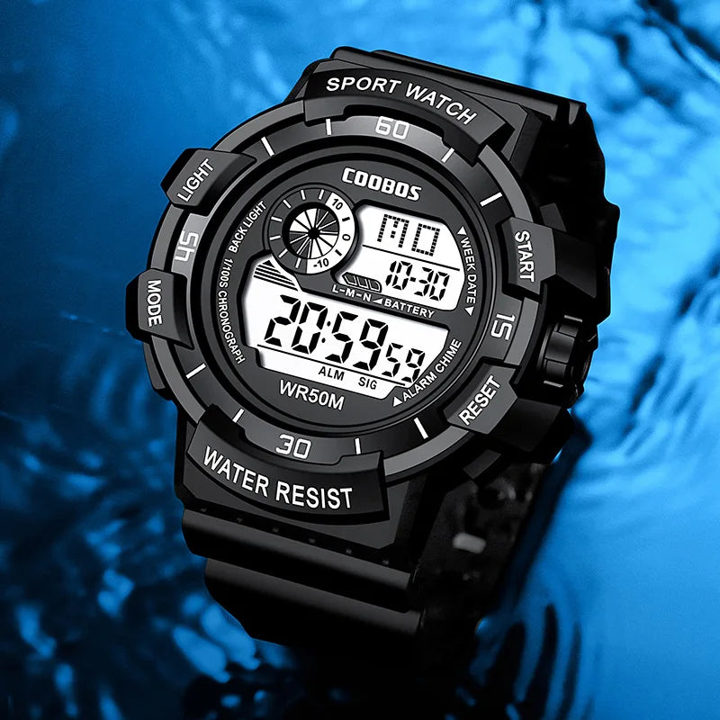 COOBOS Men's Waterproof Digital Watch with LED Display, Alarm, and Luminous Features - Ideal Gift for Sports and Military Enthusiasts