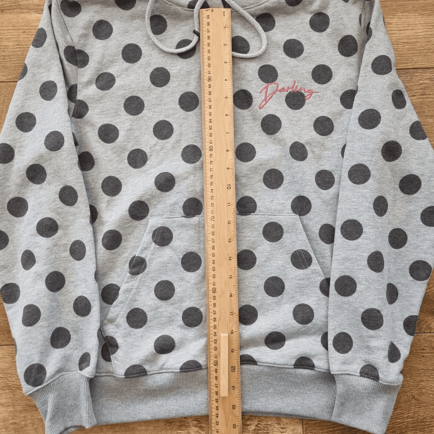 Hoodie Grey Darling Embroidery Polka Dots Front Pocket