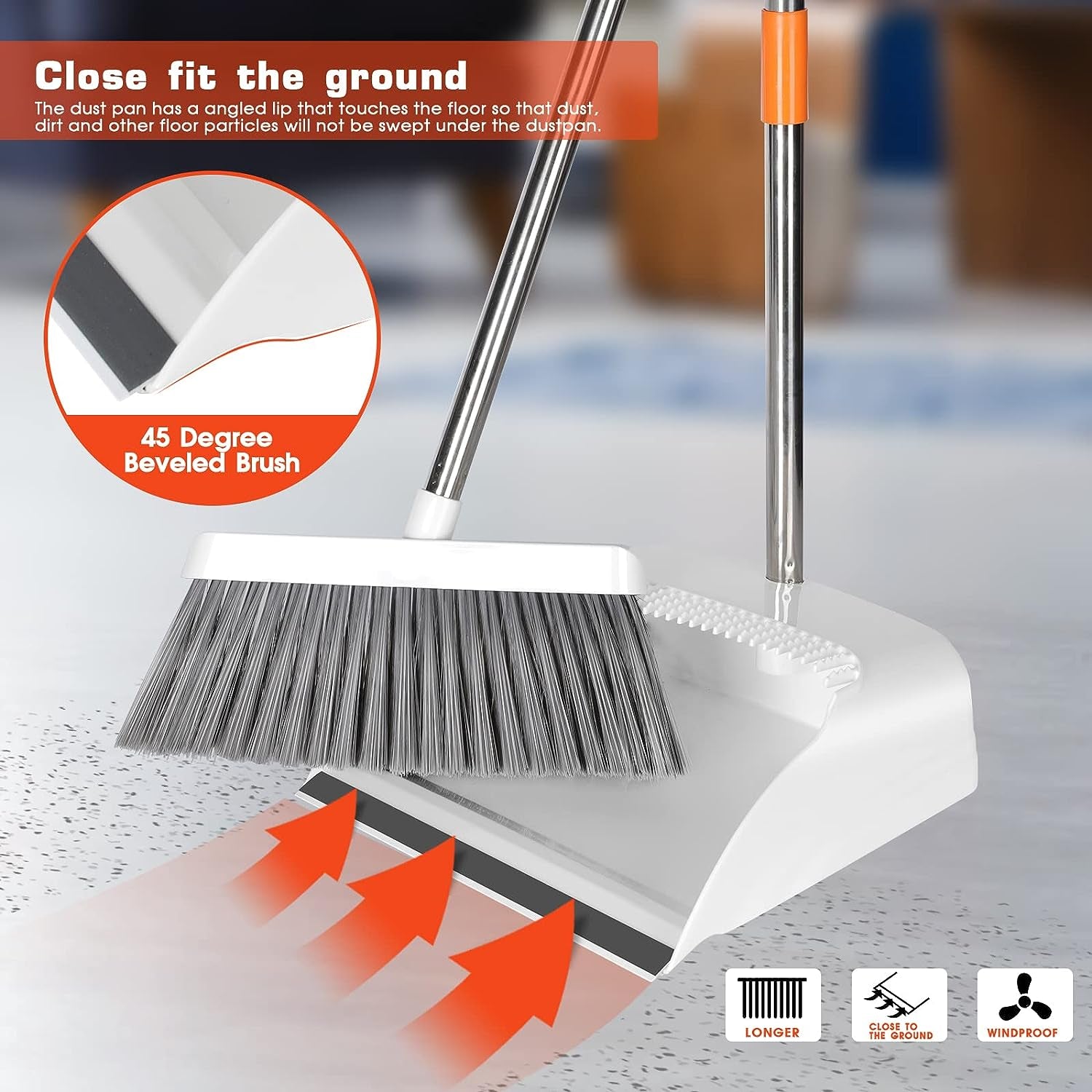 Professional title: "Adjustable Long Handled Dustpan and Brush Set with Comb Teeth and Soft Bristles - Ideal for Home, Office, Indoor, and Outdoor Use"