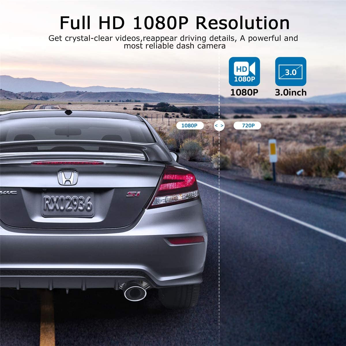 Professional title: ``` 1080P Full HD Dash Cam with 170° Wide Angle, WDR, Night Vision, Motion Detection, G-Sensor, and 3.0" LCD Display```